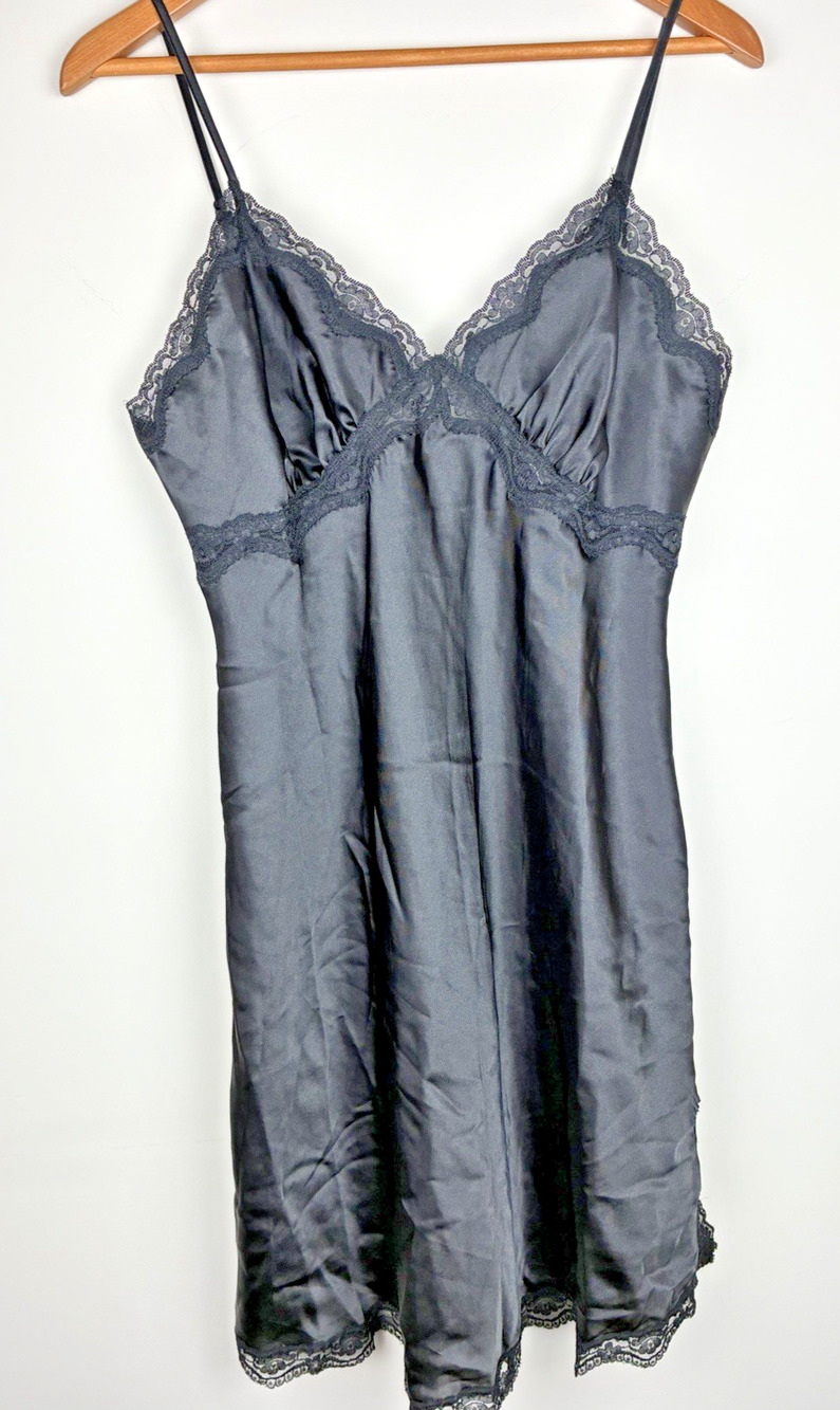 Gilligan & O’Malley Black Satin Lace Chemise Slip Nightgown S Y2K Style Bridal